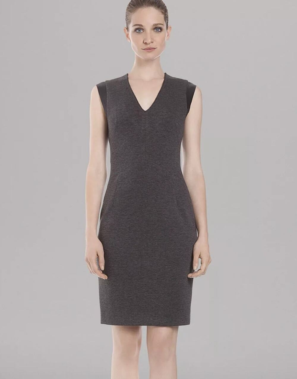 Sandro Leather Trim Gray Sheath Dress, Minimalist Office Corporate, Small, 1